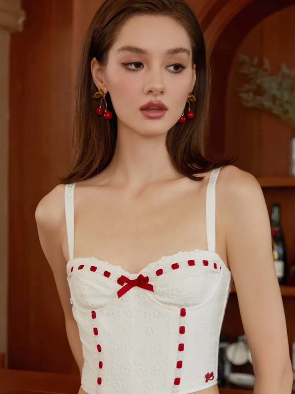 LaceMade Red Ballroom Corset White Red Eyelet Top M